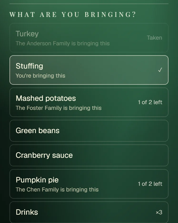 A guest picks Stuffing on the reply card; Turkey is already taken