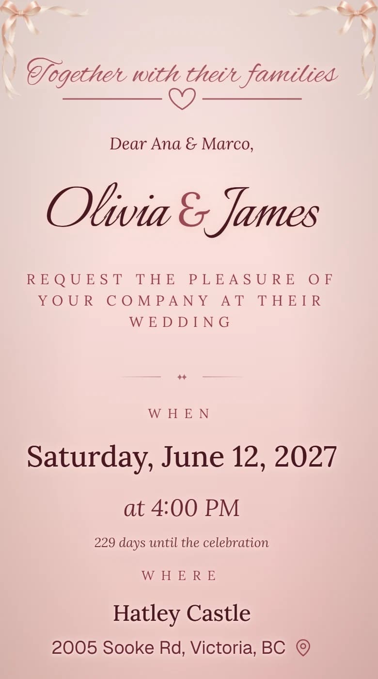 Une invitation de mariage rose en anglais : Together with their families, Olivia and James