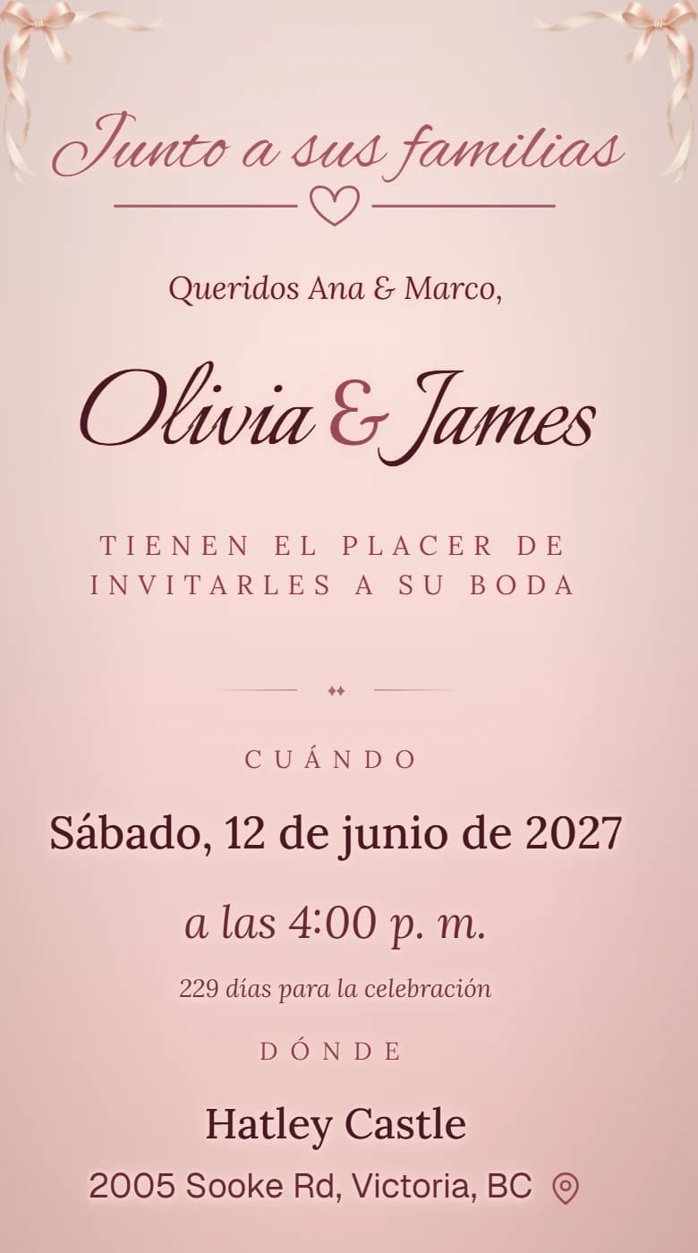 La même invitation en espagnol : Junto a sus familias, Olivia y James