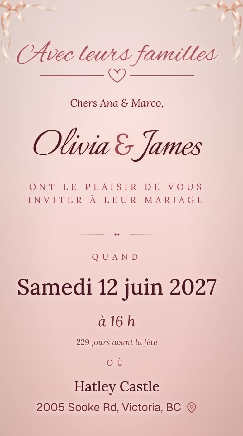 La même invitation en français : Avec leurs familles, Olivia et James