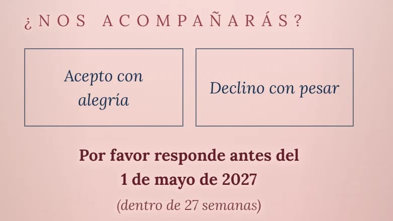Les boutons de réponse en espagnol : Acepto con alegría, Declino con pesar