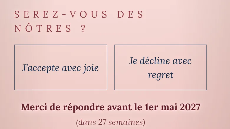 Les boutons de réponse en français : J'accepte avec joie, Je décline avec regret