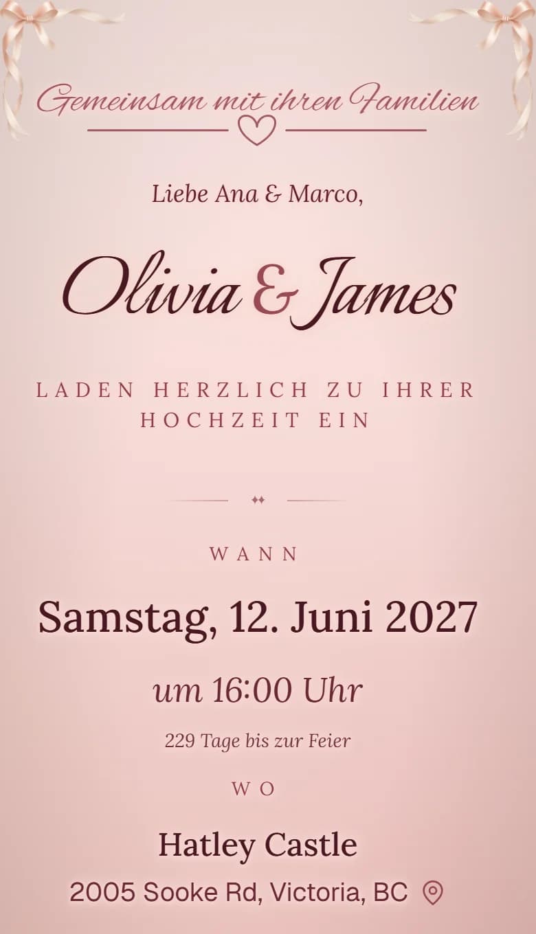 The same wedding invitation for Olivia and James, in German