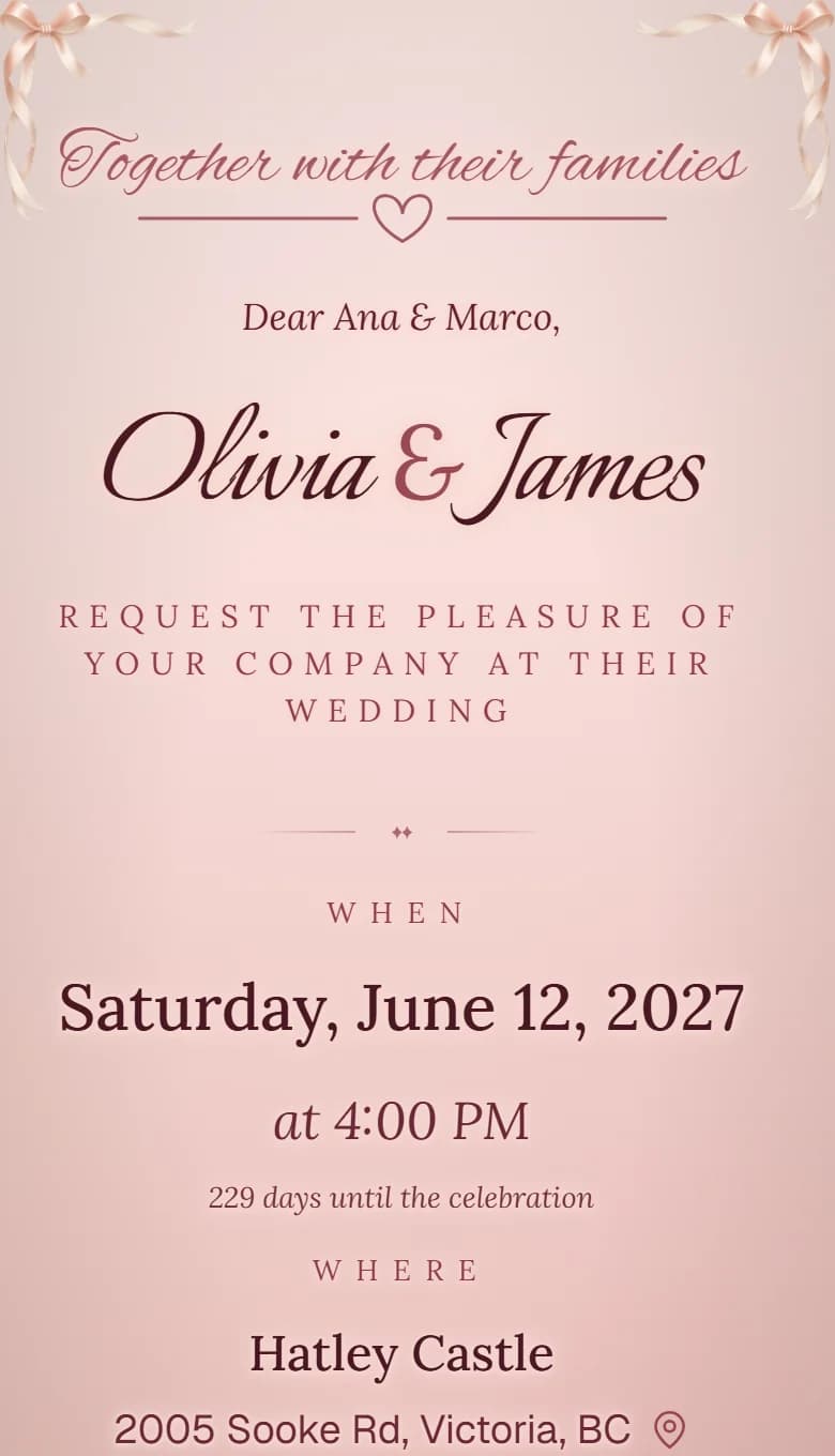 The same wedding invitation for Olivia and James, in English