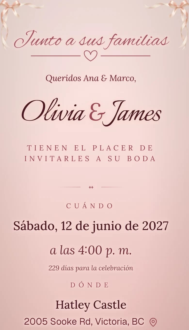 The same wedding invitation for Olivia and James, in Spanish