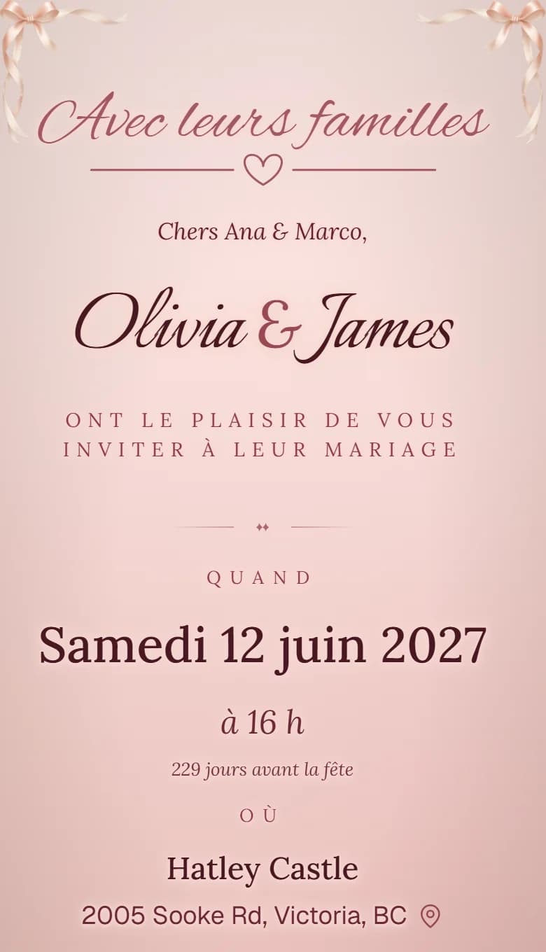 The same wedding invitation for Olivia and James, in French