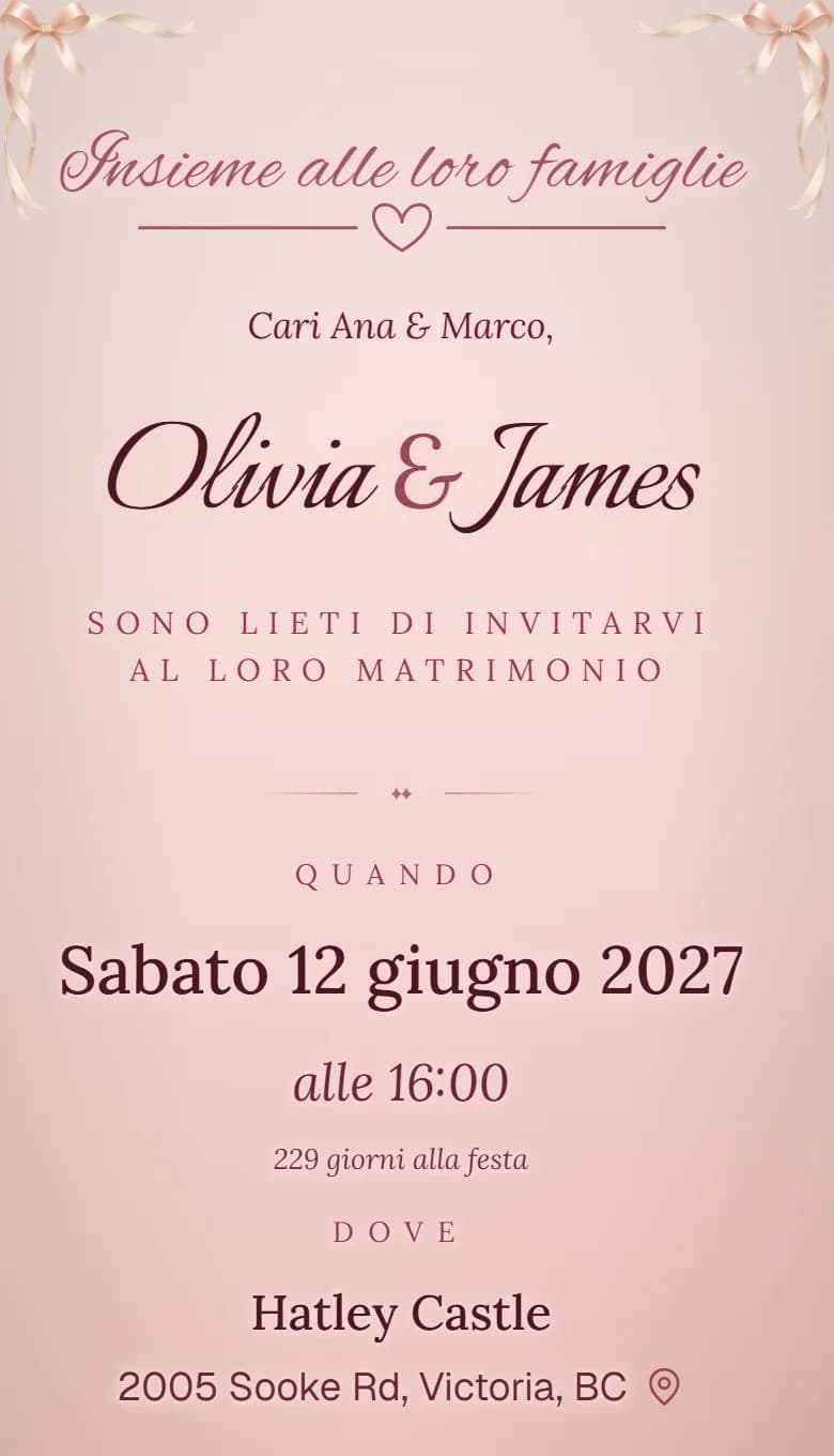 The same wedding invitation for Olivia and James, in Italian