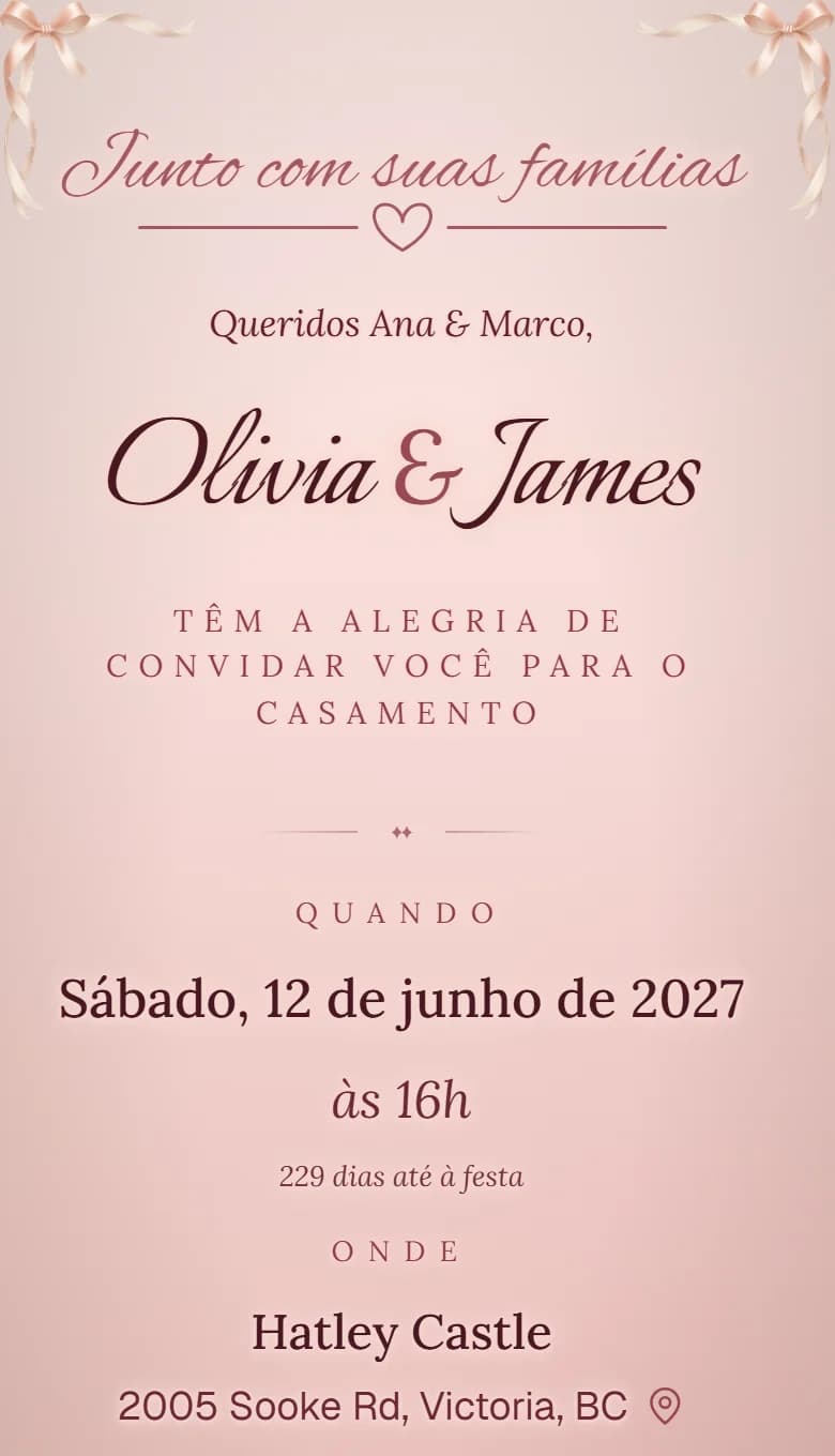 The same wedding invitation for Olivia and James, in Portuguese