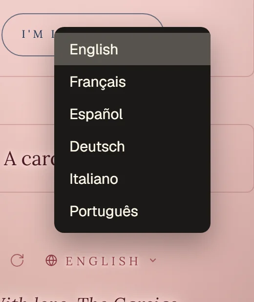 The language menu open in the invitation footer, listing all six languages