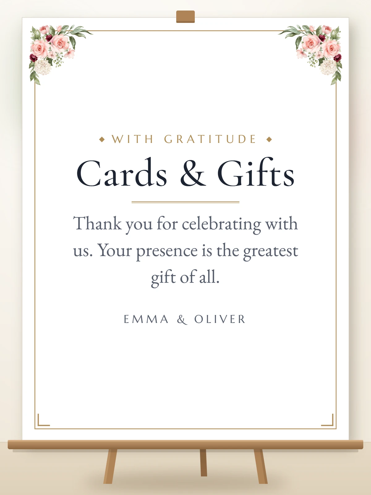 Cards and gifts sign on a wooden easel