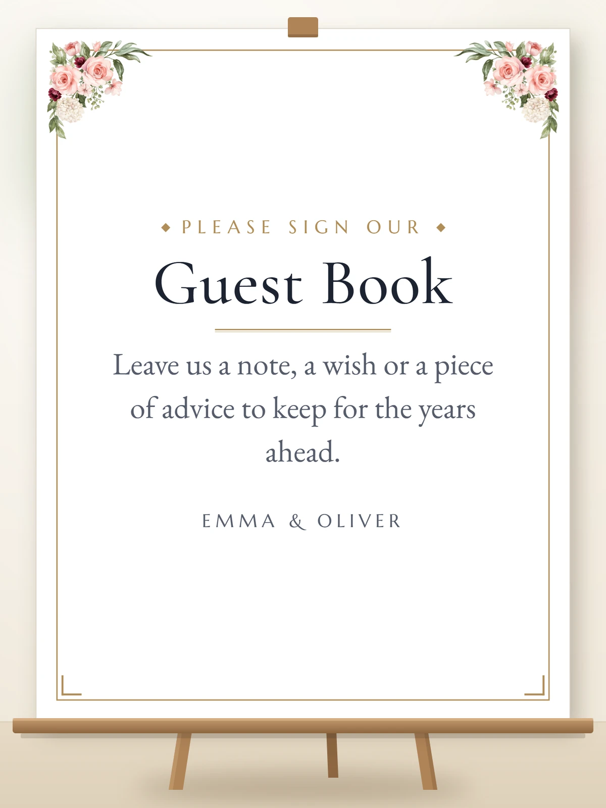 Guest book sign on a wooden easel