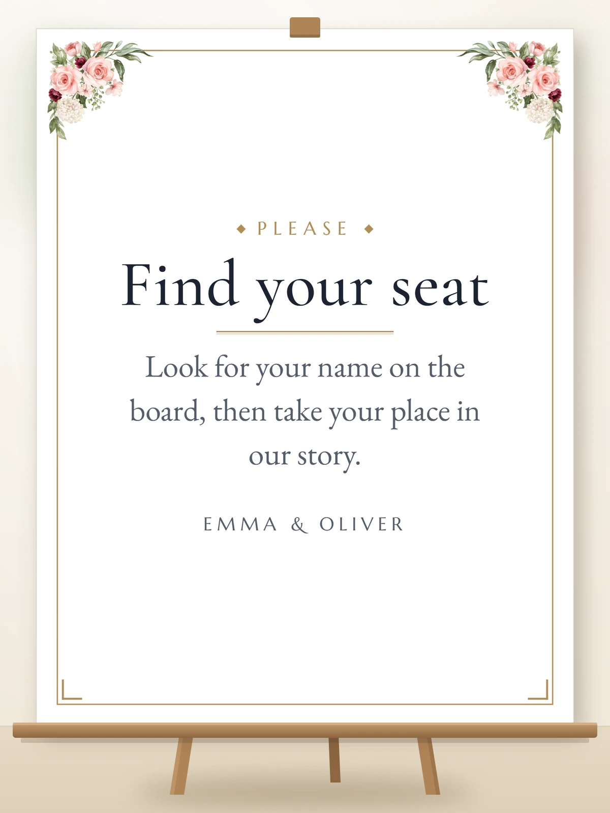 Find your seat sign on a wooden easel