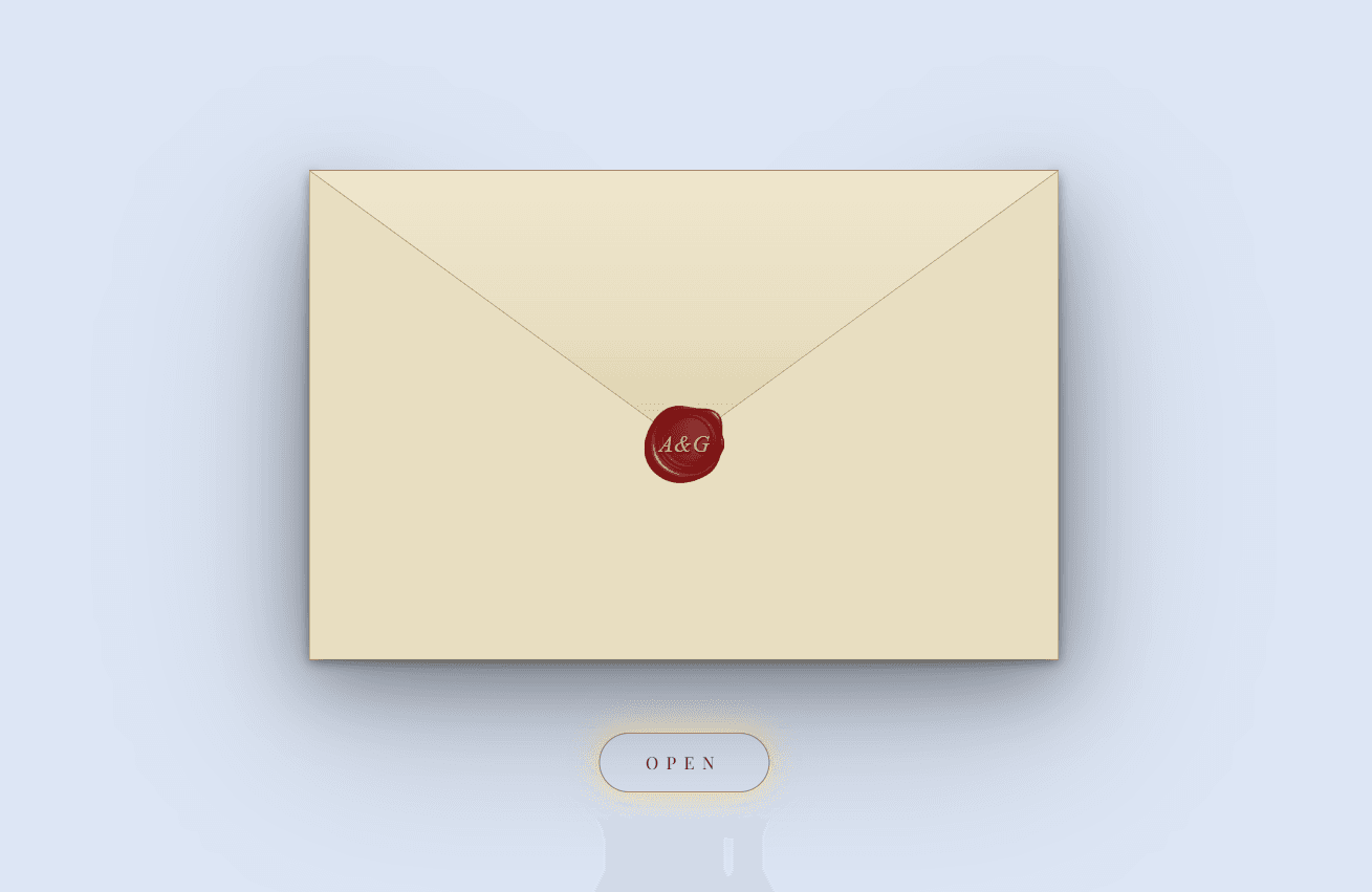 A guest's view: a cream envelope closed with a seal and an Open button