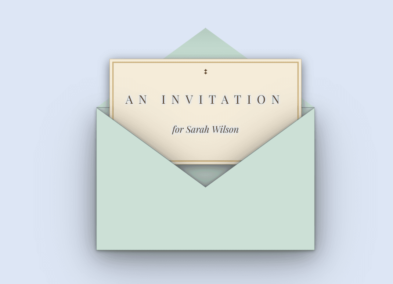 A sage envelope open with the invitation card emerging