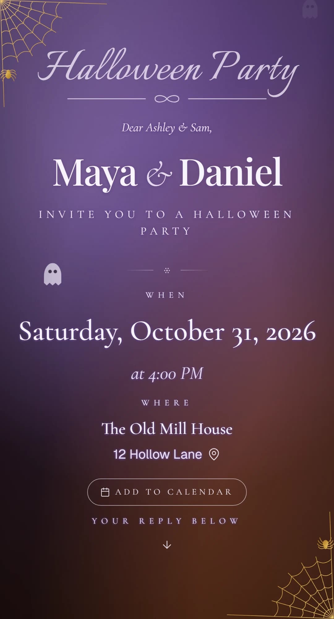 The opened Halloween party invitation with ghosts and spider webs