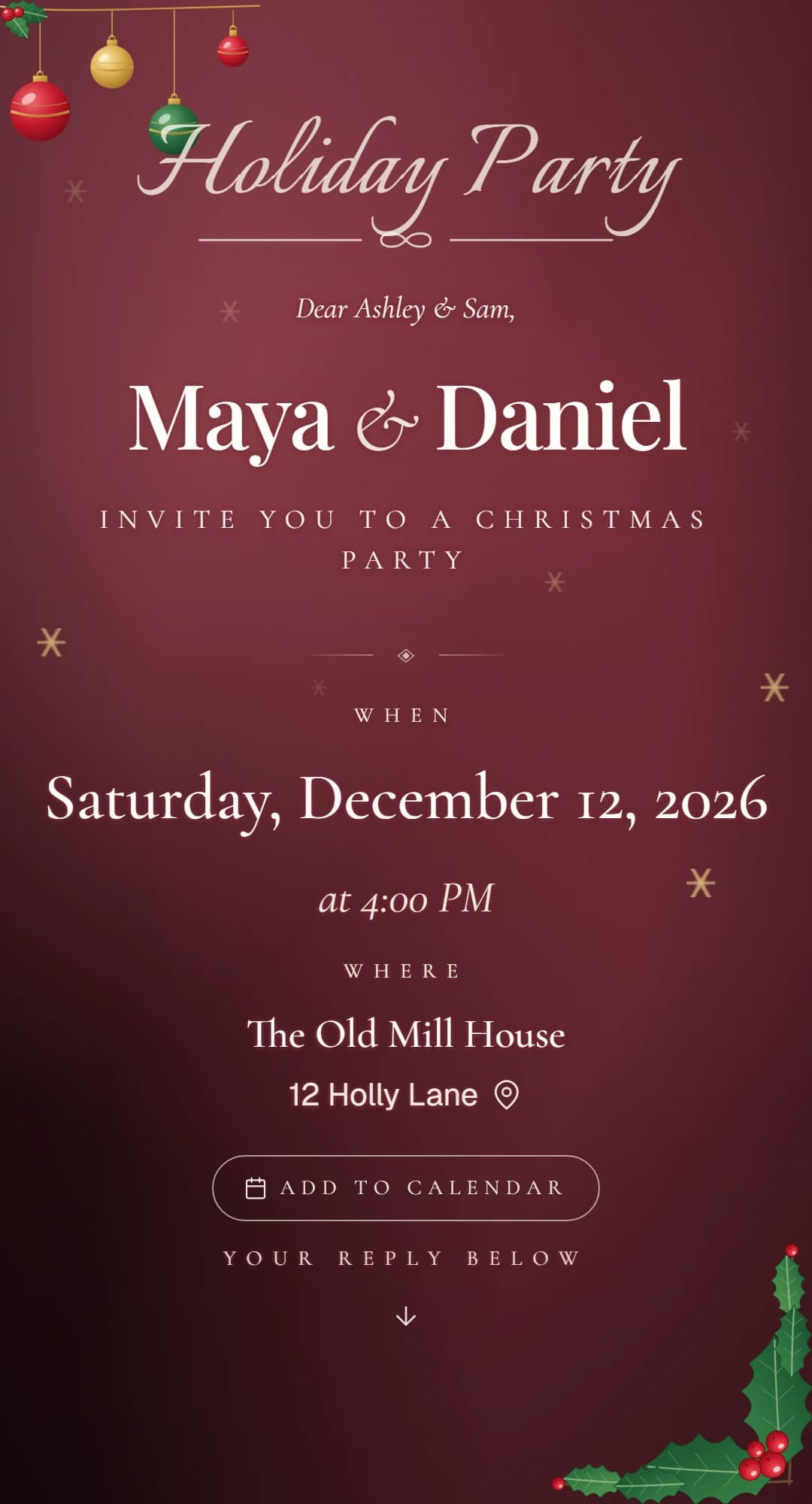 A burgundy holiday party invitation with gold stars, baubles and holly