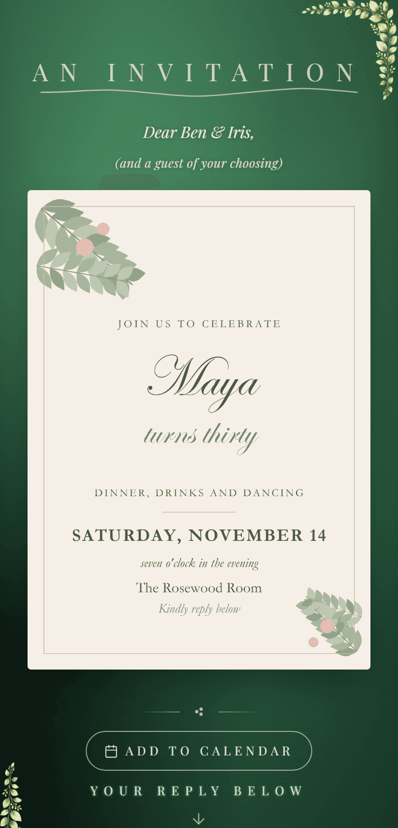 A guest's phone after the envelope opens: an uploaded card for Maya's thirtieth birthday, with Add to calendar and the reply below
