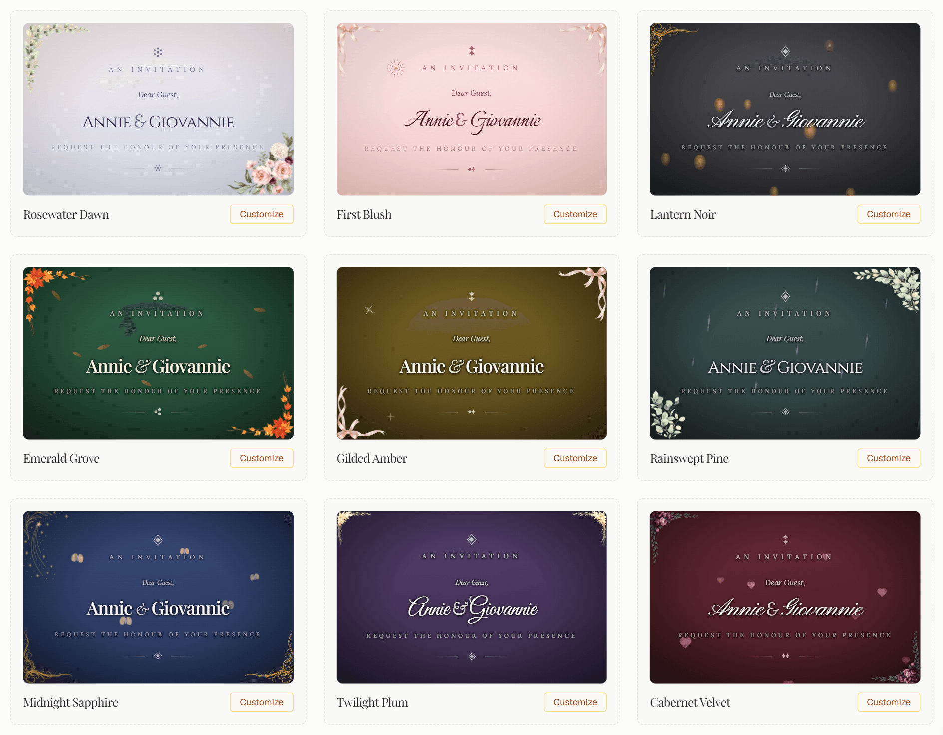 Four of the ready-made looks, each a living preview with petals, sparkles and lanterns drifting behind the invitation wording