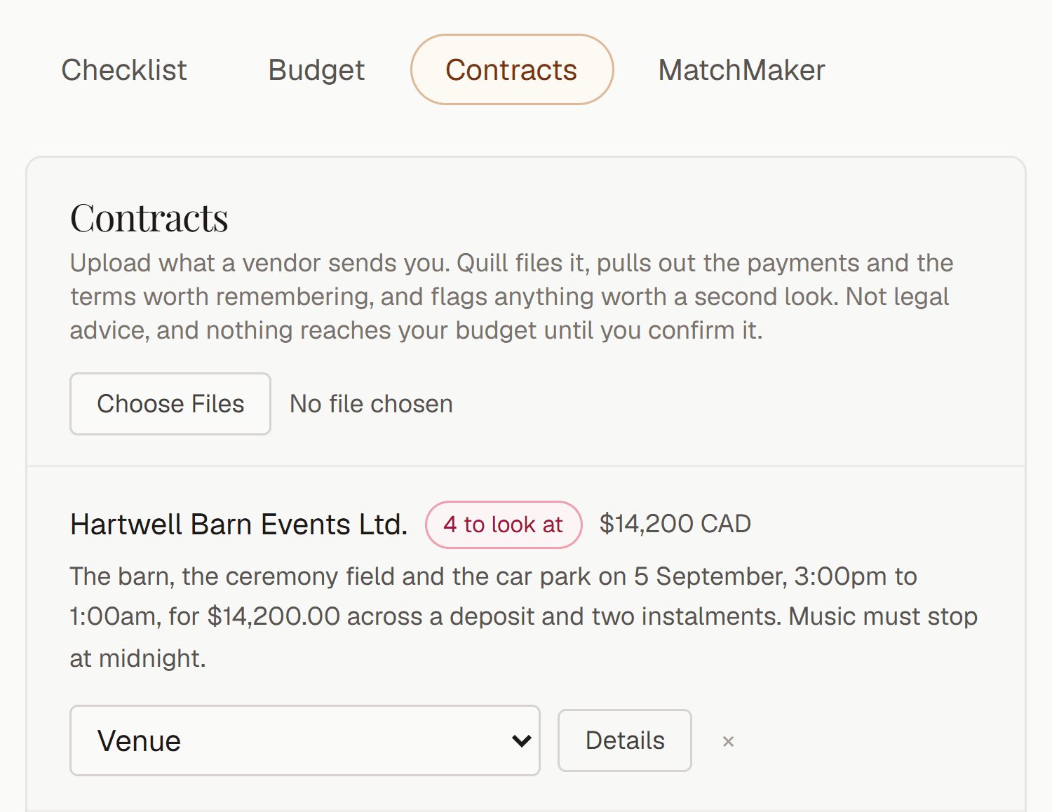 The contracts tab: a venue agreement read into a summary and a total, filed under the Venue budget category, with four terms flagged as worth a second look