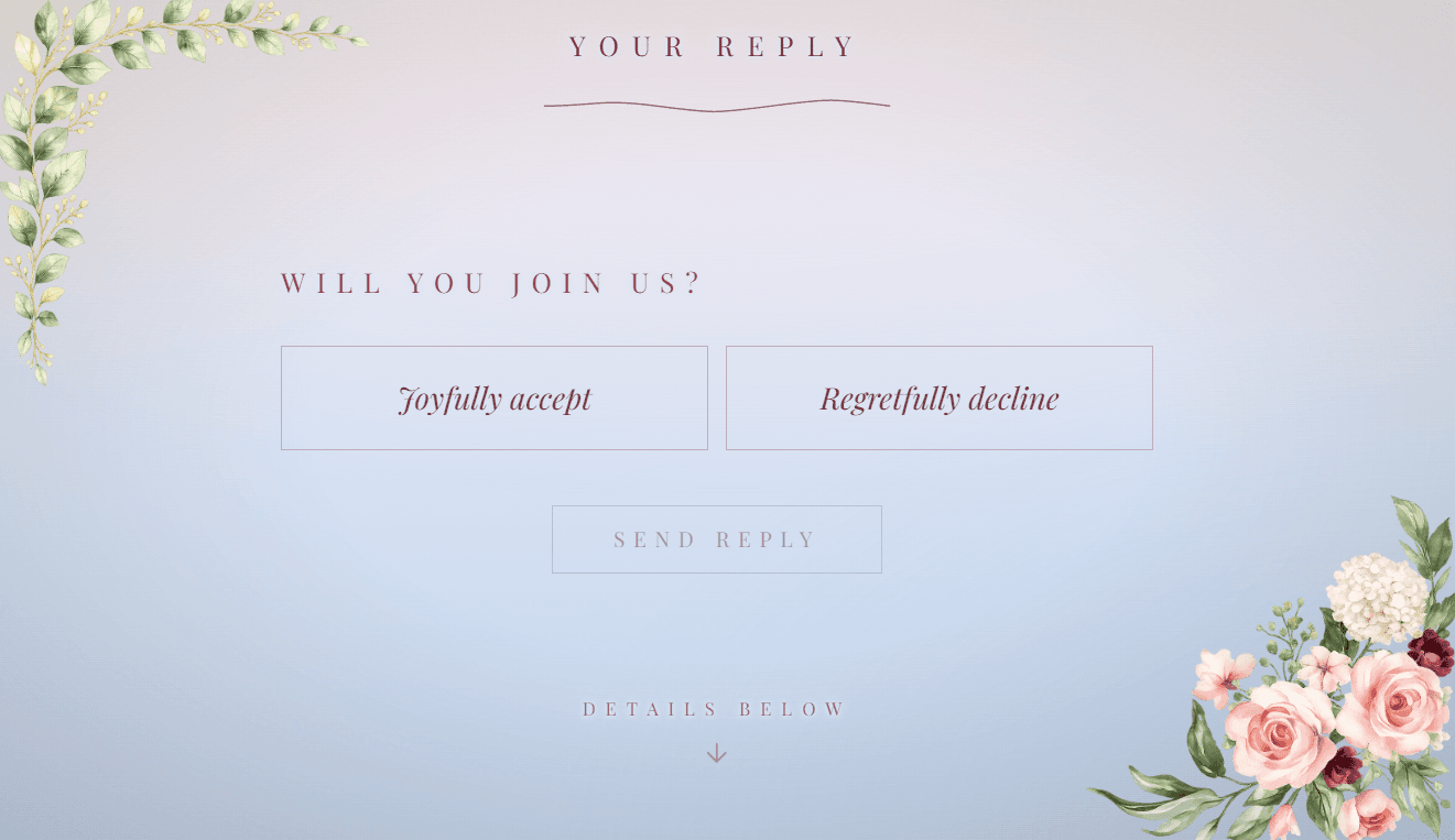 The guest RSVP screen: Joyfully accept or Regretfully decline