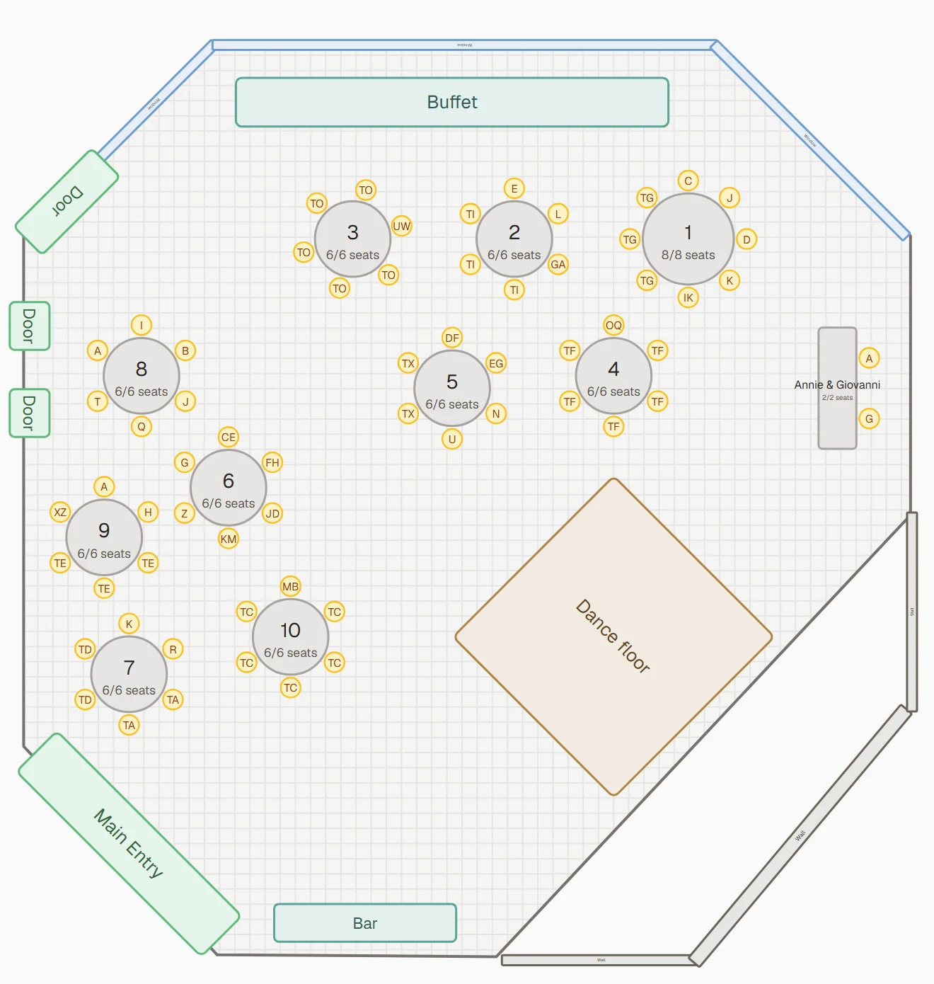 A floor plan with ten round tables, every seat filled, plus a dance floor, buffet and bar