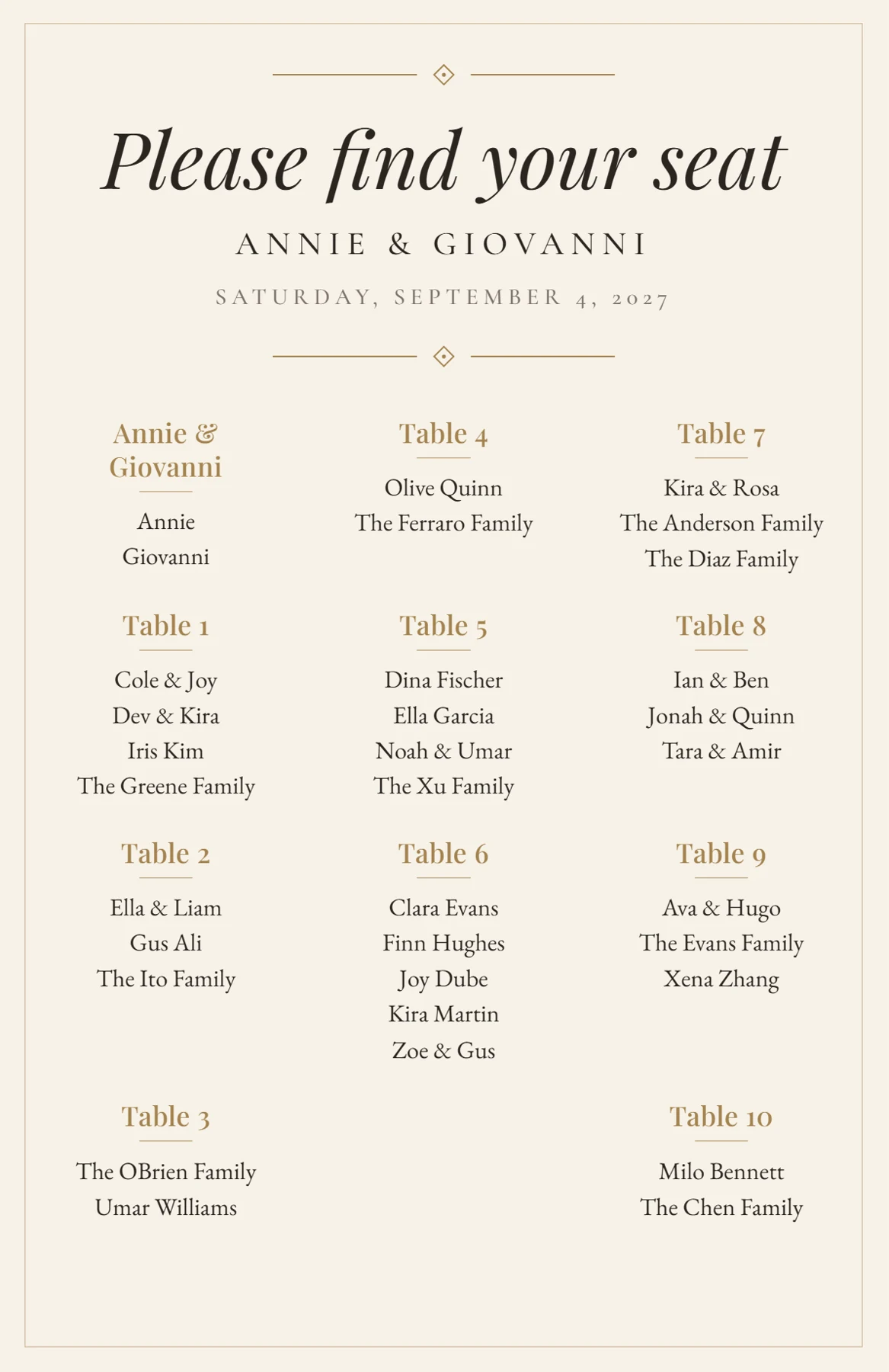 A printed Please find your seat board listing every table and its guests