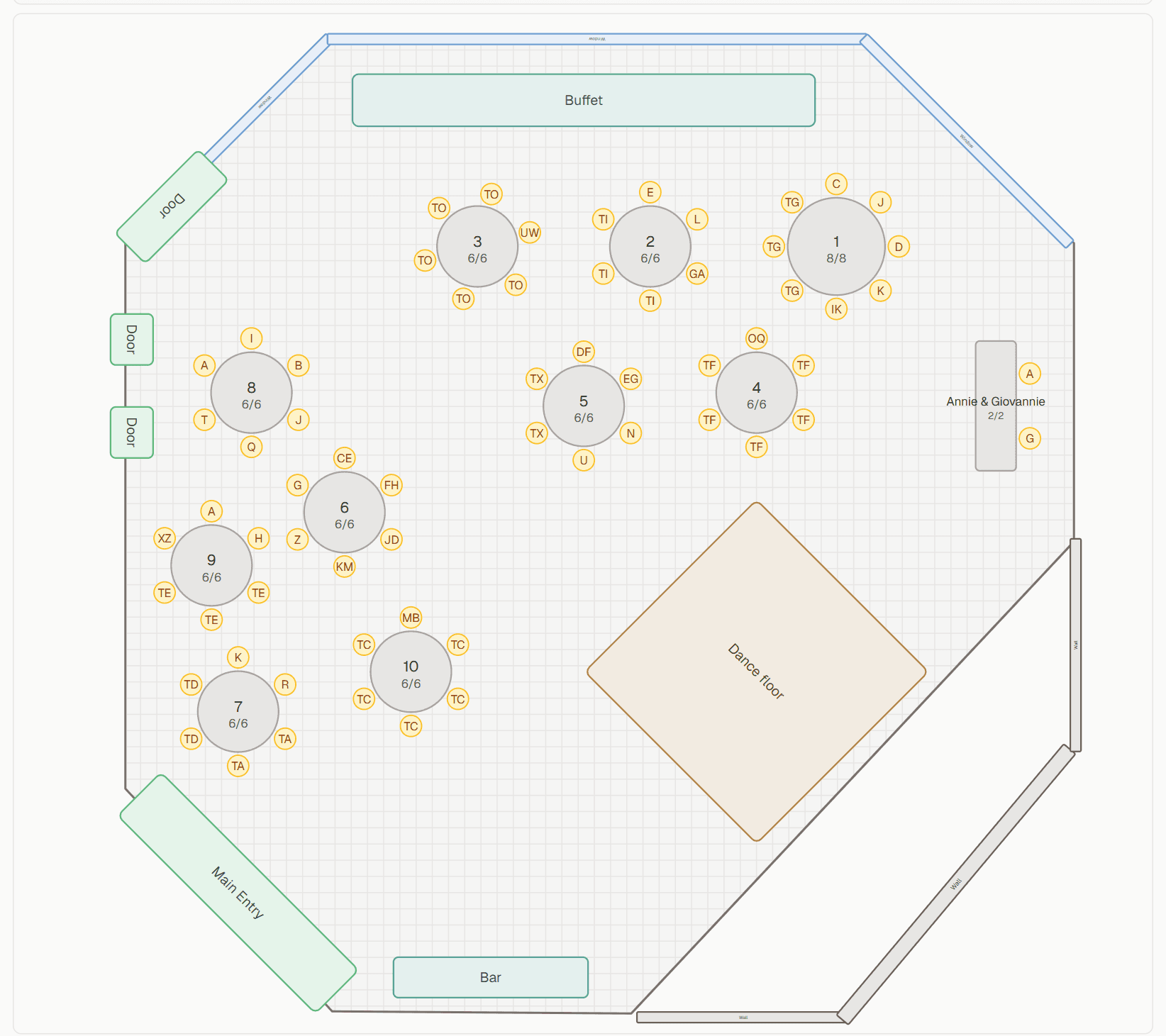 The SeatPlanner 2D floor plan: a reception room drawn to scale with tables, a dance floor, and seated guests