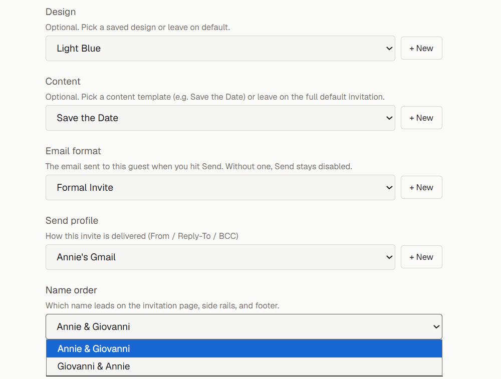 Per-guest design, content, email format and send profile options