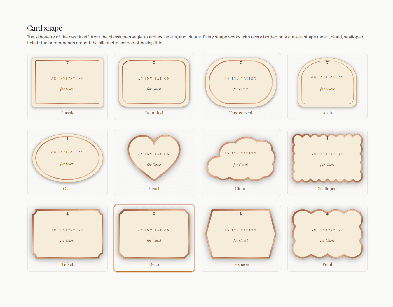 The card shape gallery: classic, rounded, arch, oval, heart, cloud, scalloped, ticket, deco, hexagon and petal silhouettes
