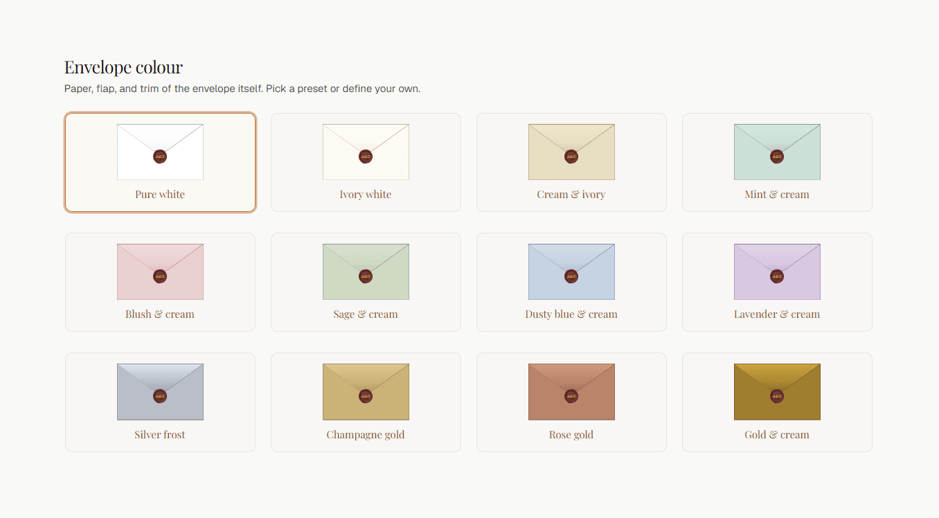 The envelope colour gallery in the design console: sealed envelopes in white, cream, mint, blush, sage, dusty blue, lavender, silver and gold palettes