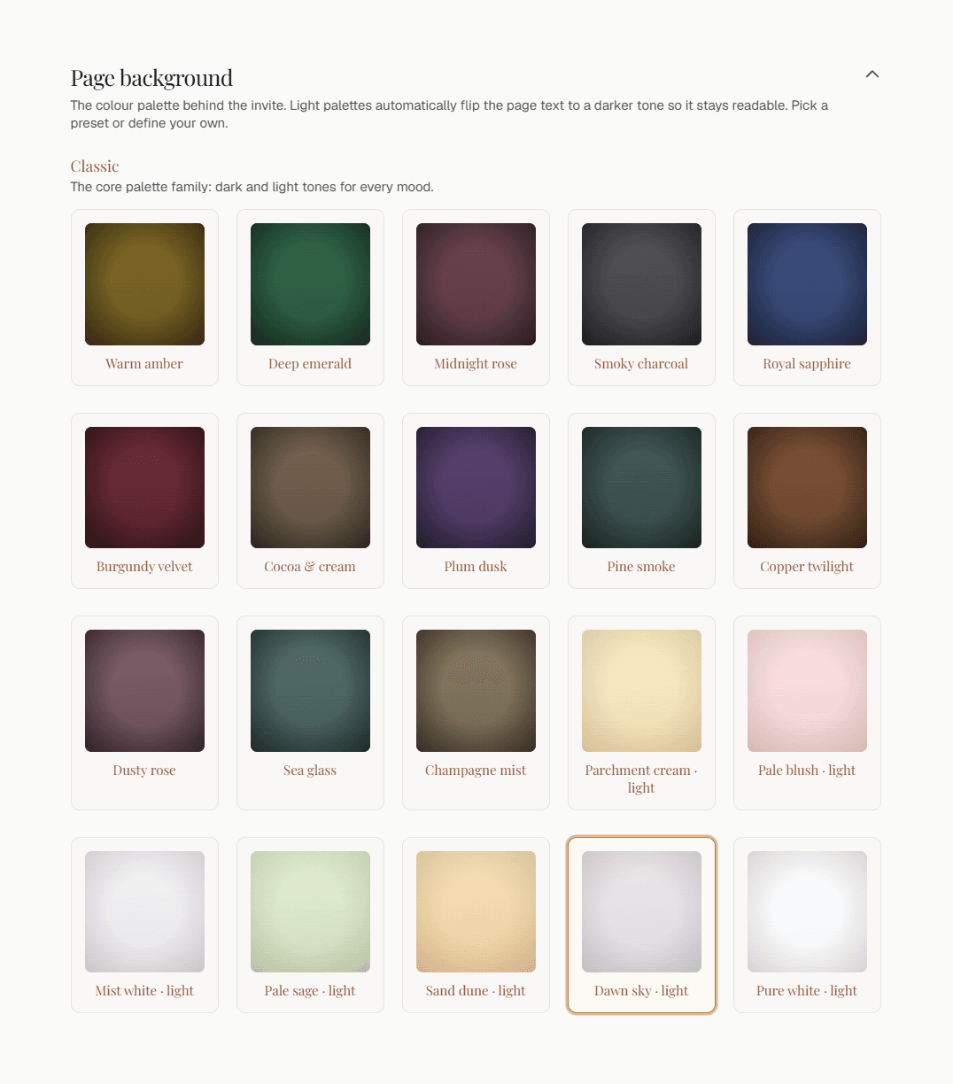 The page background gallery: colour palettes from warm amber, deep emerald and midnight rose to pale blush, sage and dawn sky
