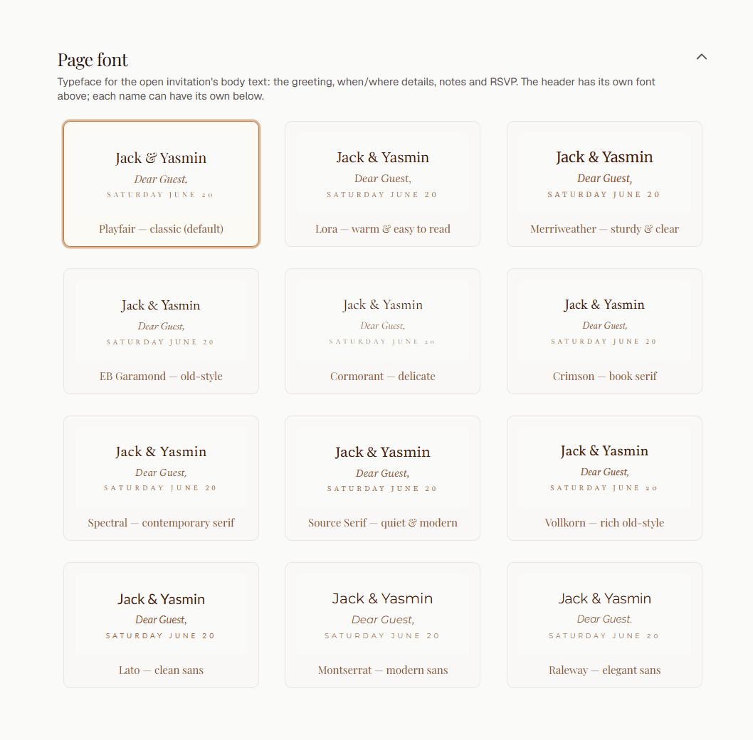 The page font gallery: classic, old-style, contemporary and modern faces previewed on the invitation's own greeting