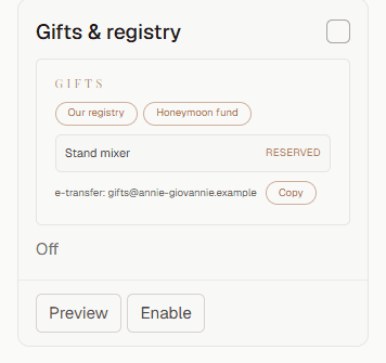 The gifts and registry card: registry links, a reserved stand mixer and e-transfer details with a copy button