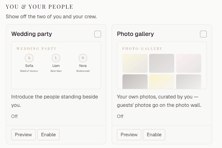 The you and your people panel: wedding party and photo gallery cards