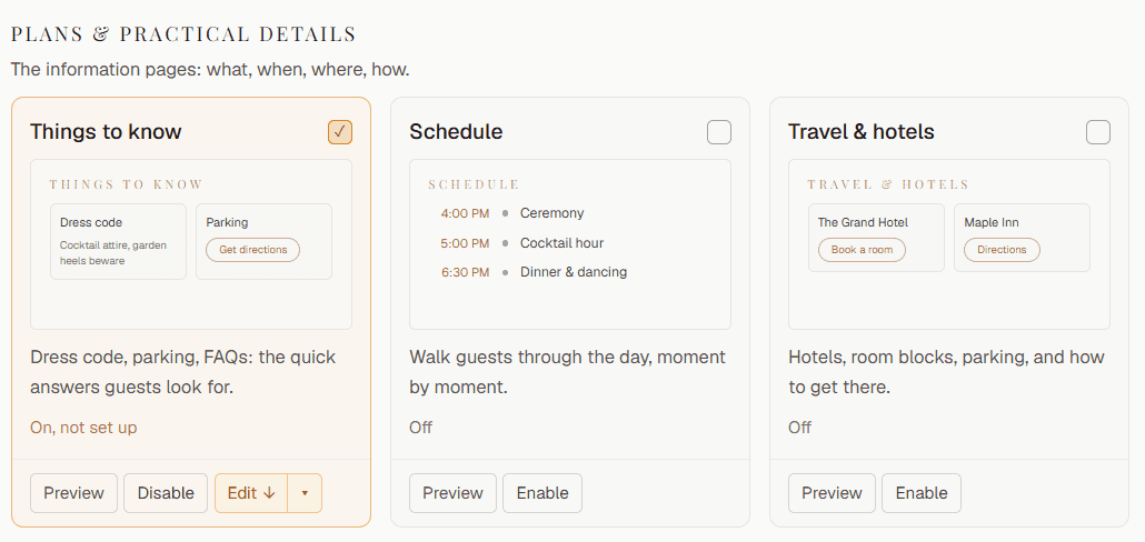 The plans and practical details panel: things to know, schedule, and travel and hotels cards