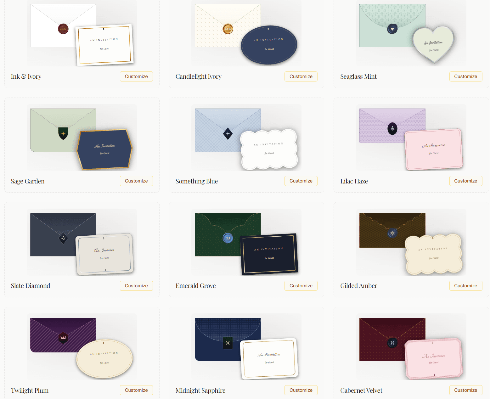 The gallery of envelope presets, each sealed envelope with its wax seal and matching card