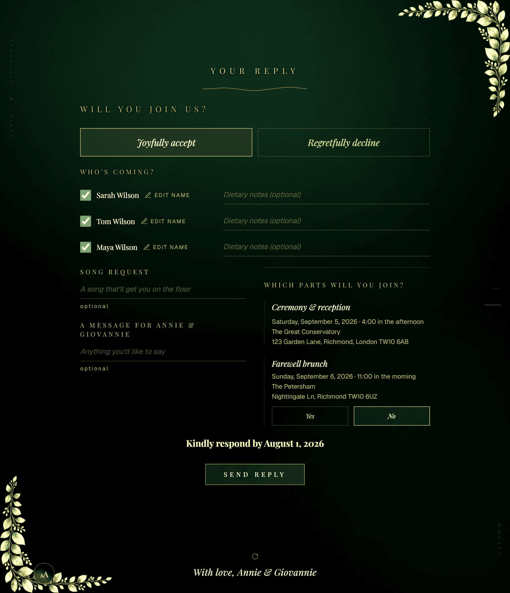 The guest RSVP: each named guest ticked in with their own meal and dietary note