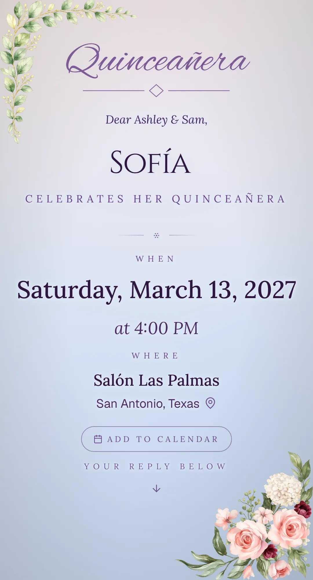 A lilac quinceañera invitation for Sofía with roses and greenery