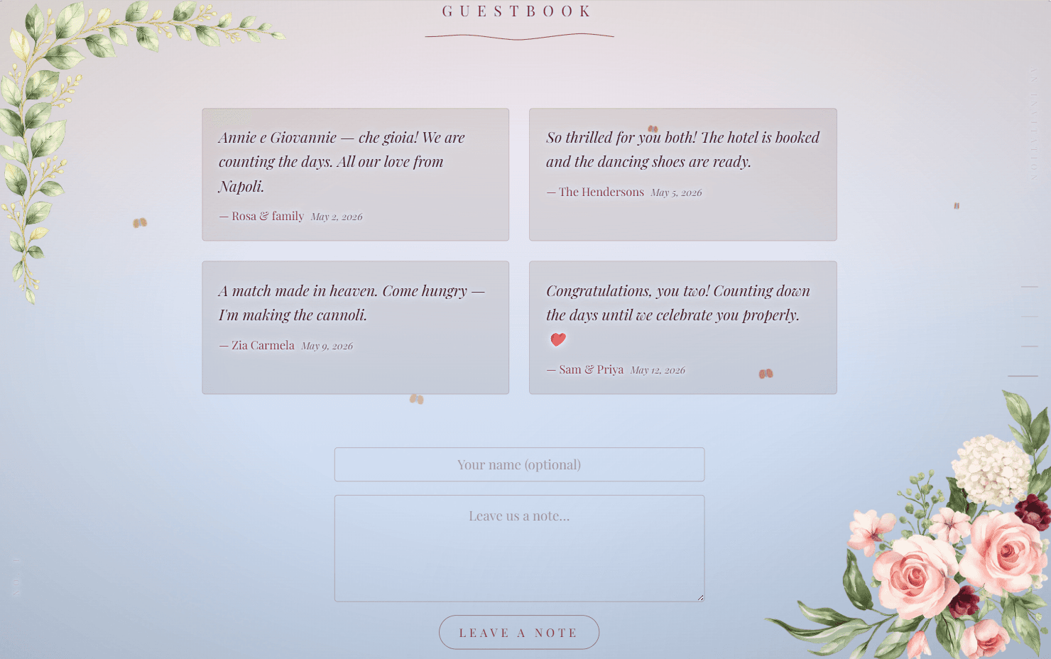 The guestbook page of the invitation with signed well-wishes from guests and a leave-a-note form