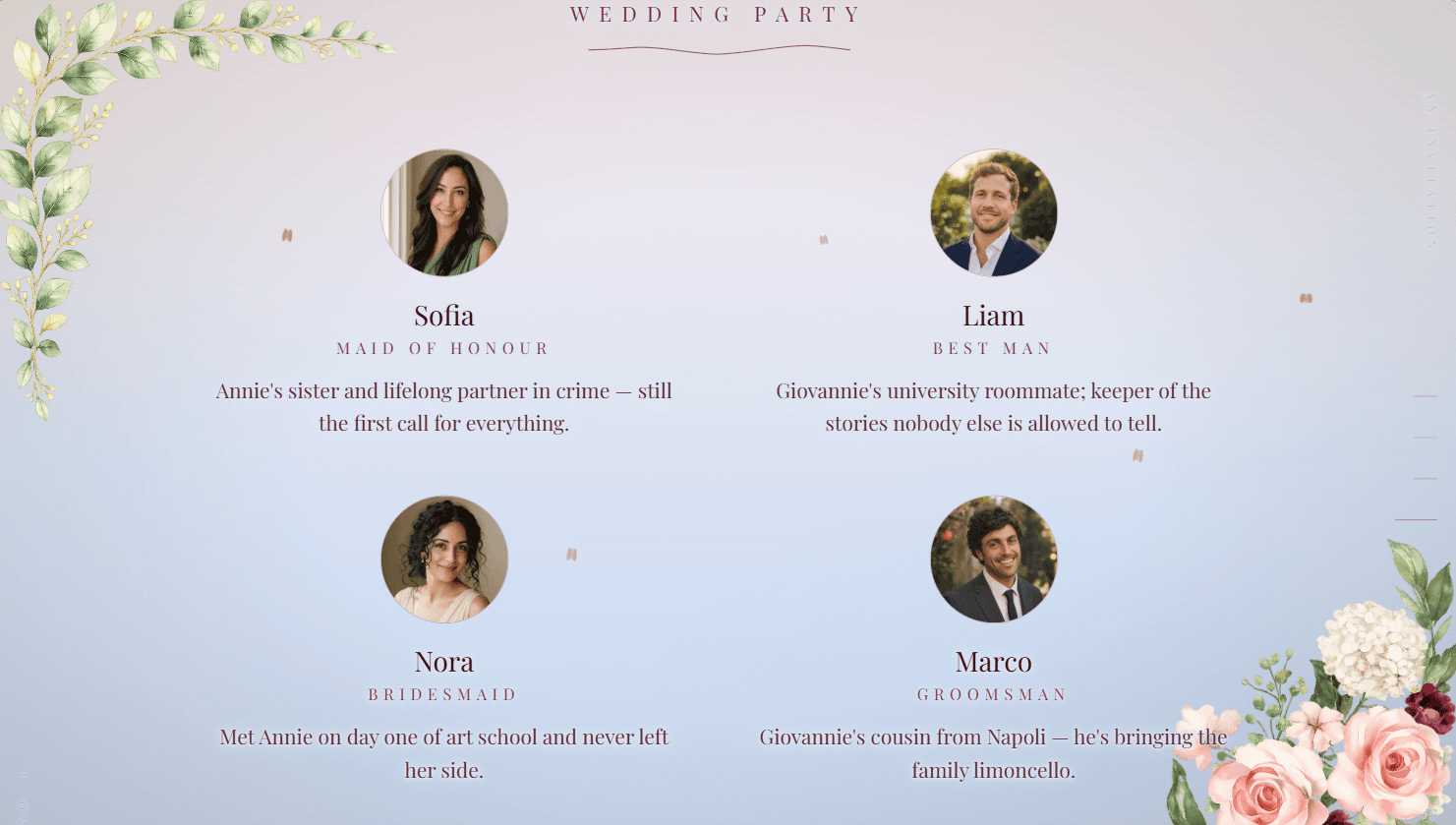 The wedding party page of the invitation: Sofia, Liam, Nora and Marco with round photos, their roles, and a line about each