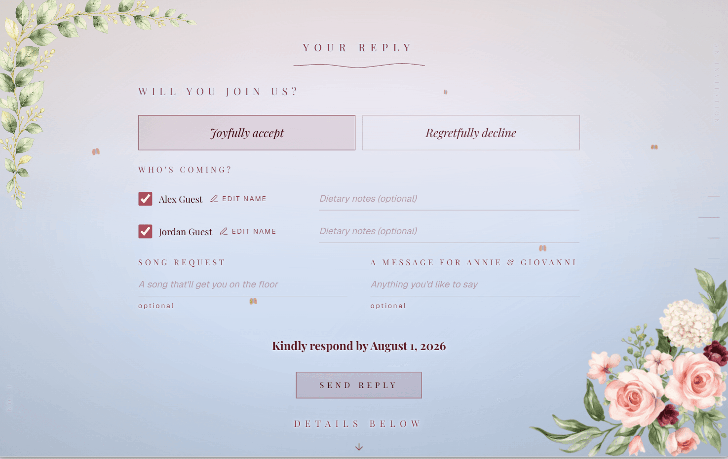 The invitation's reply page: Joyfully accept selected, each named guest ticked in with a dietary note, plus a song request and a message to the couple