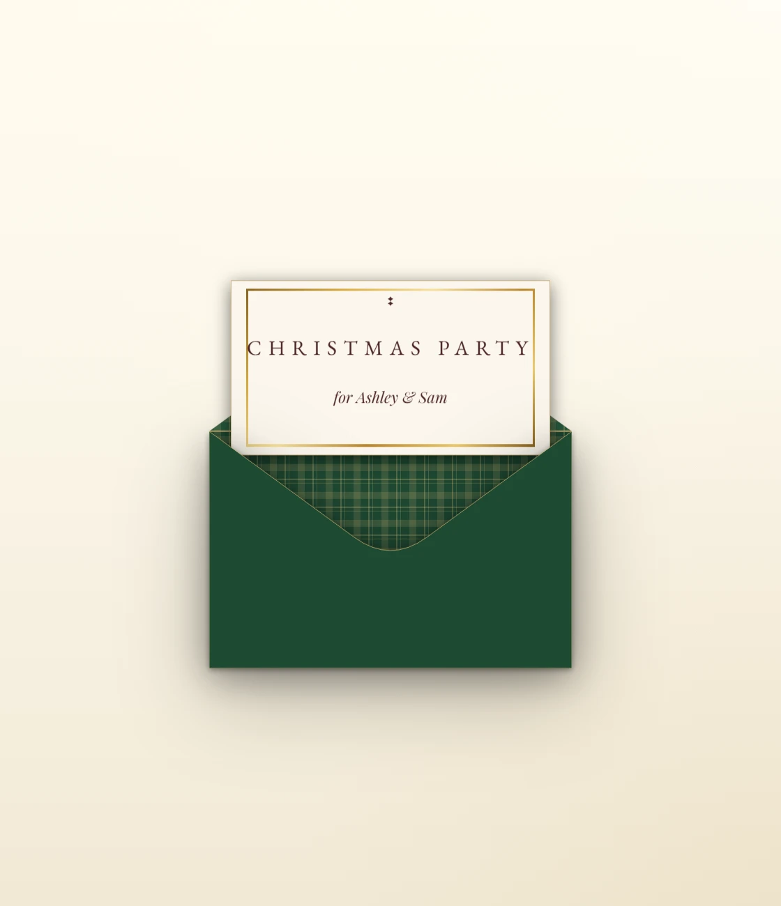 A forest green envelope with a gold Christmas tree seal and a tartan liner opening to a Christmas party card