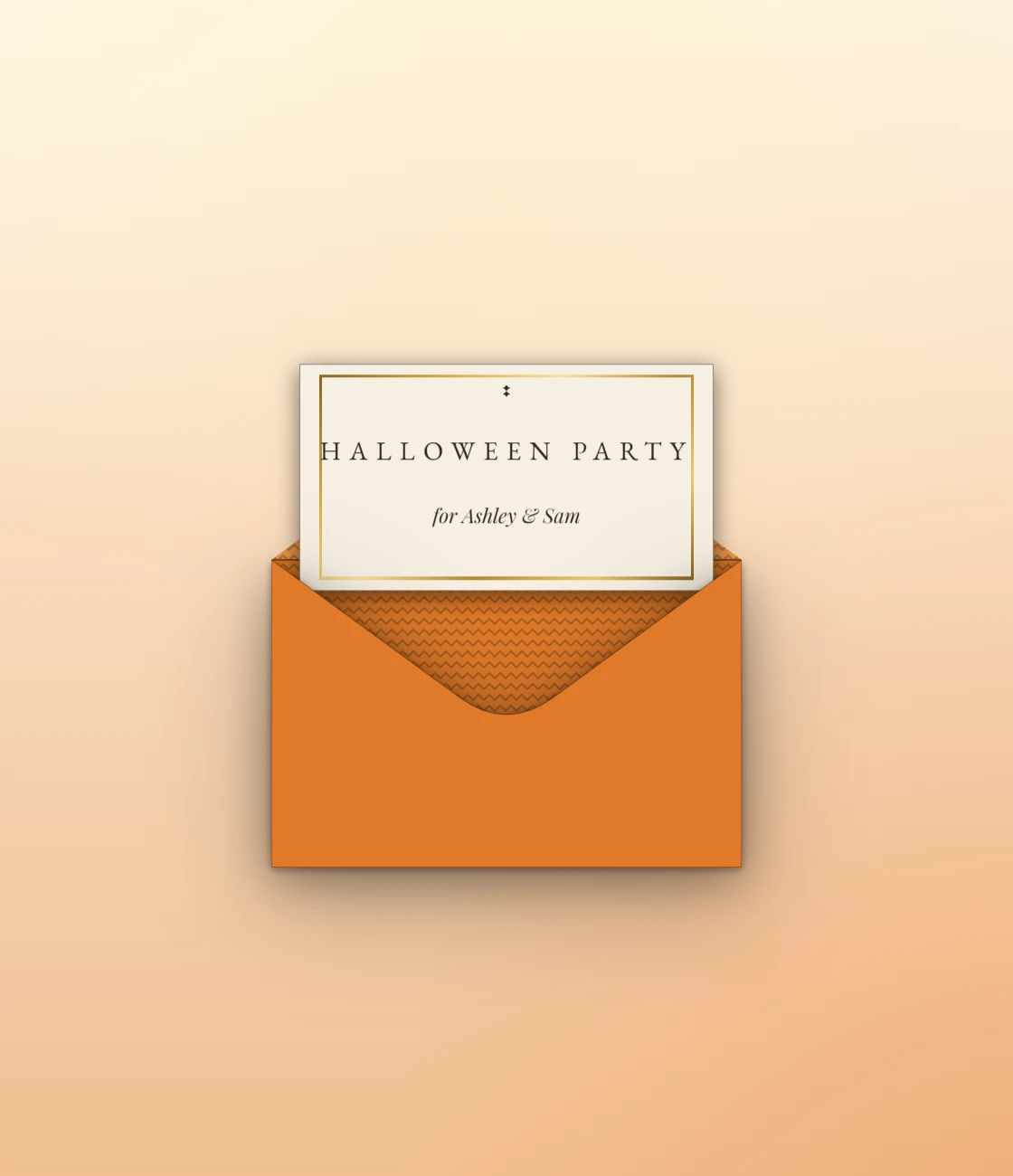 An orange envelope with a black bat seal opening to a cream Halloween party card