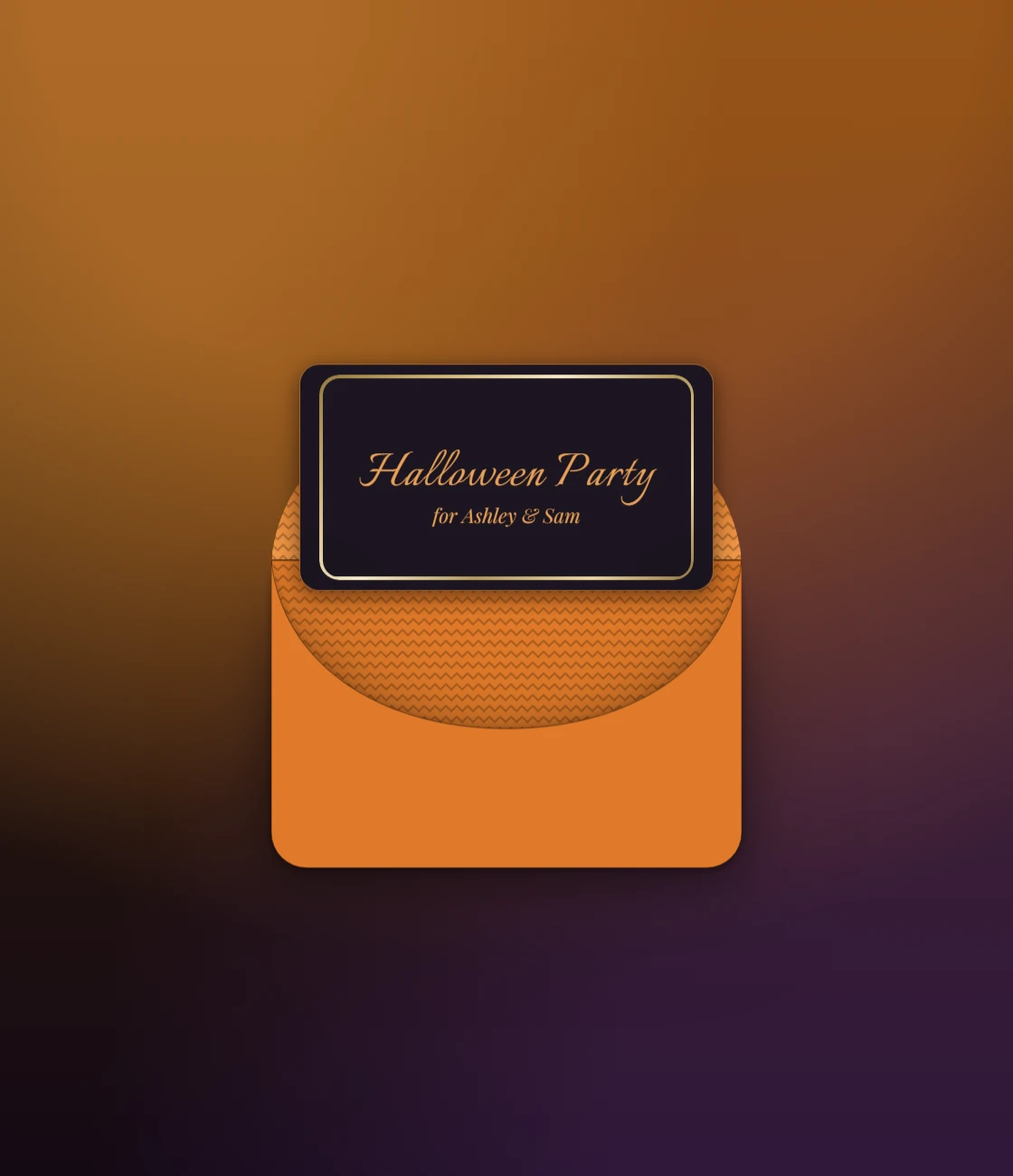 A pumpkin orange envelope with a black seal opening to a Halloween party card