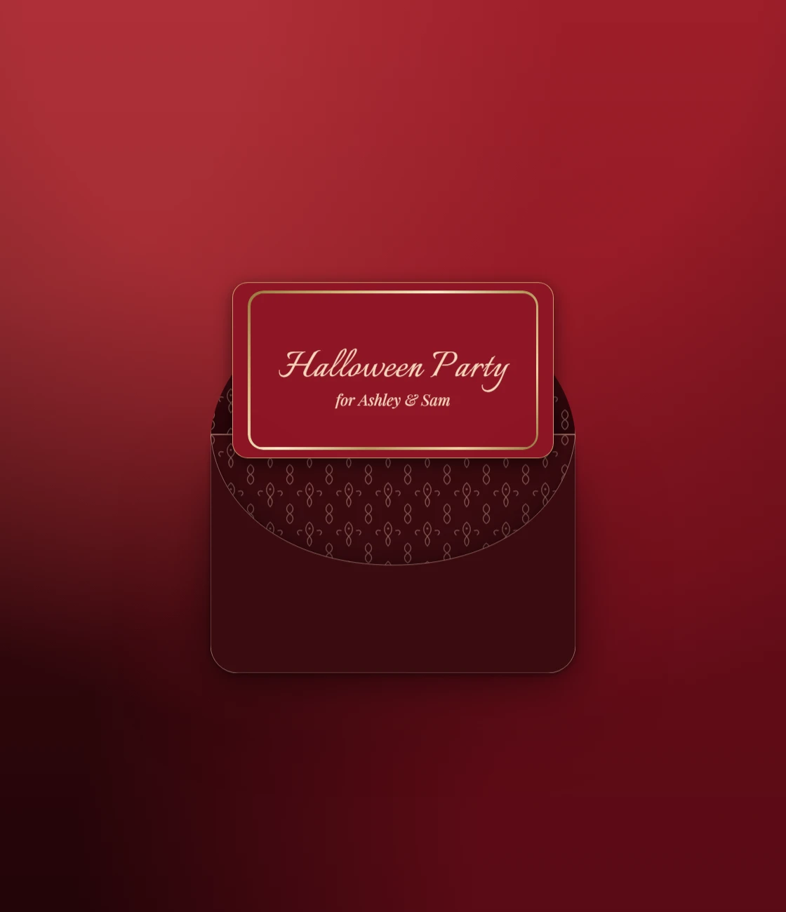 A blood red envelope with a bone seal opening to a red and gold Halloween card