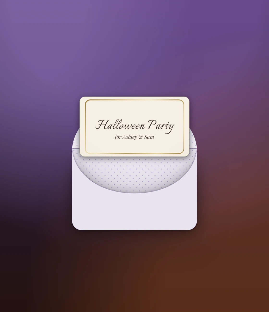 A lilac envelope with a violet bat seal opening to a Halloween party card