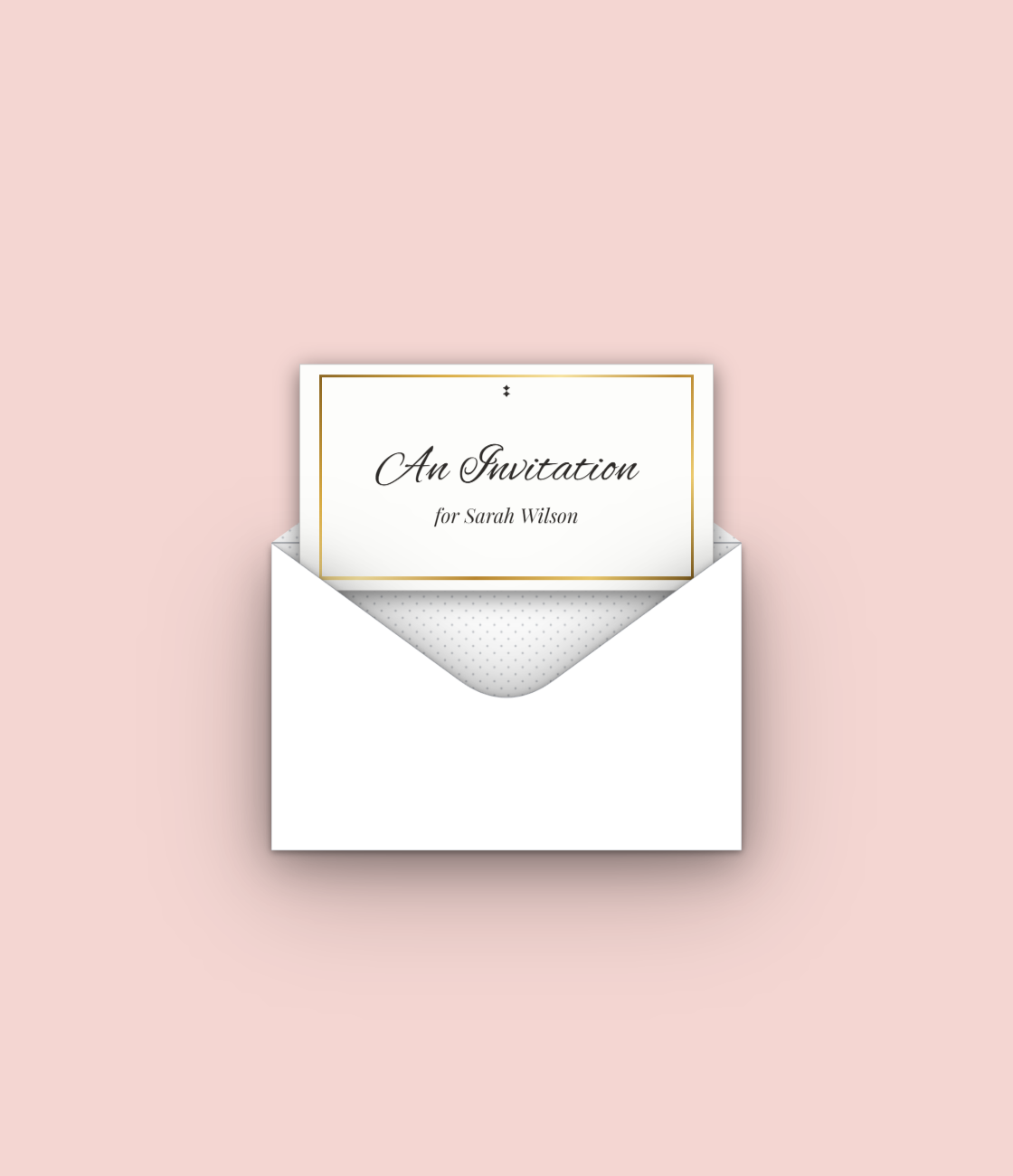 Une enveloppe blanche qui s'ouvre sur une carte d'invitation ivoire bordée d'or