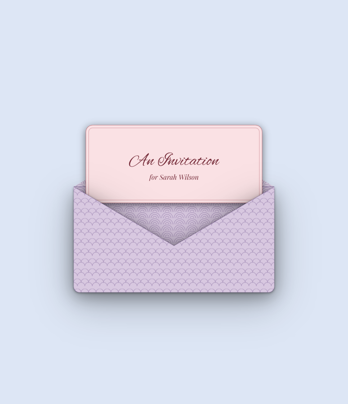 A lilac envelope opening to a pink invitation card in script