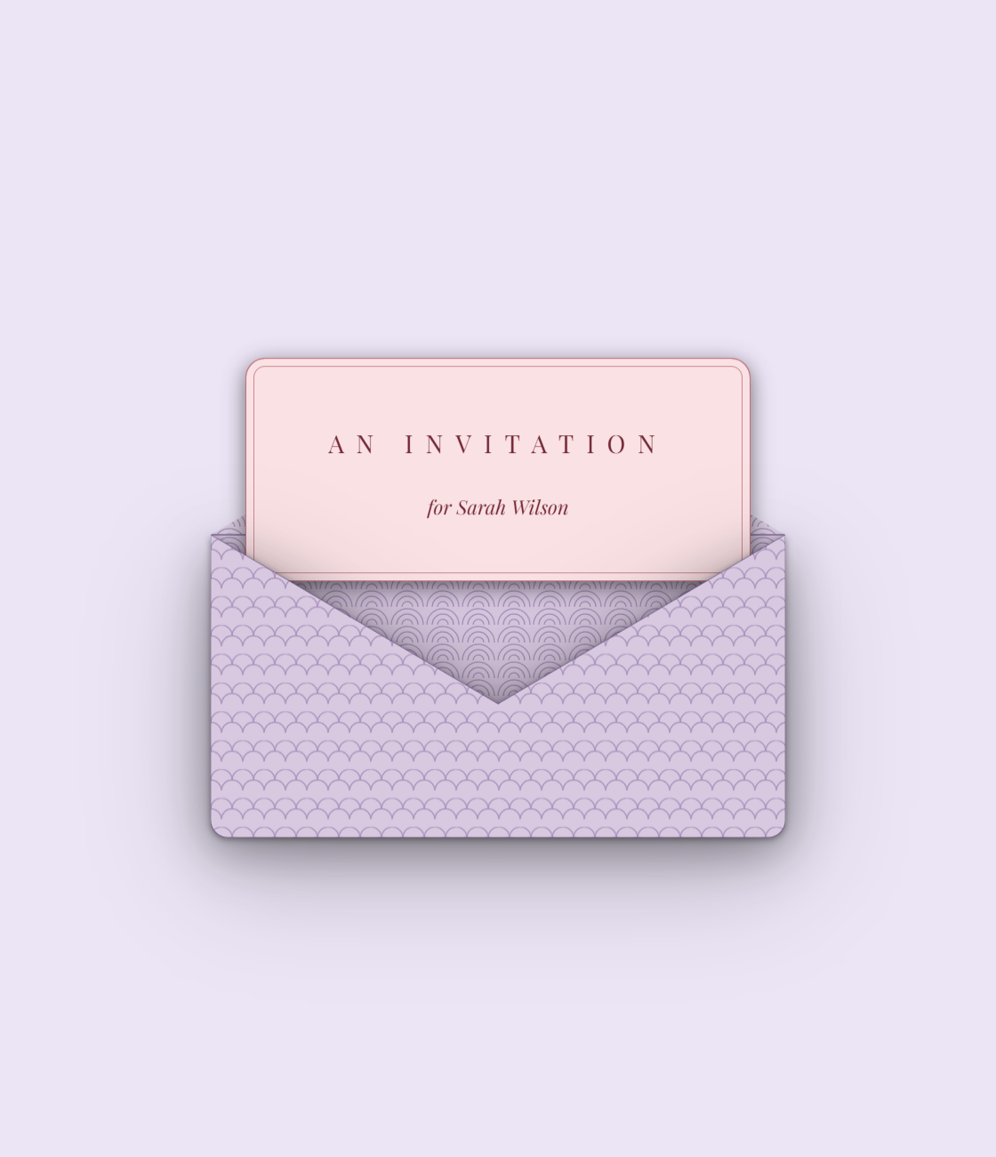 A lilac patterned envelope opening to a pink invitation card