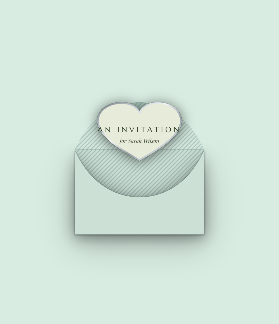 A mint envelope opening to a heart shaped invitation card